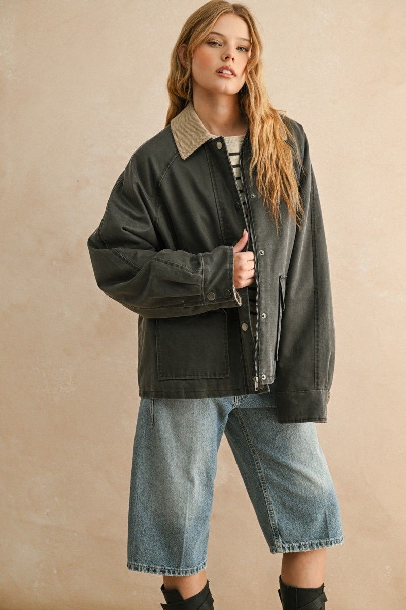 All the Better Collar Contrasted Utility Jacket - Charcoal