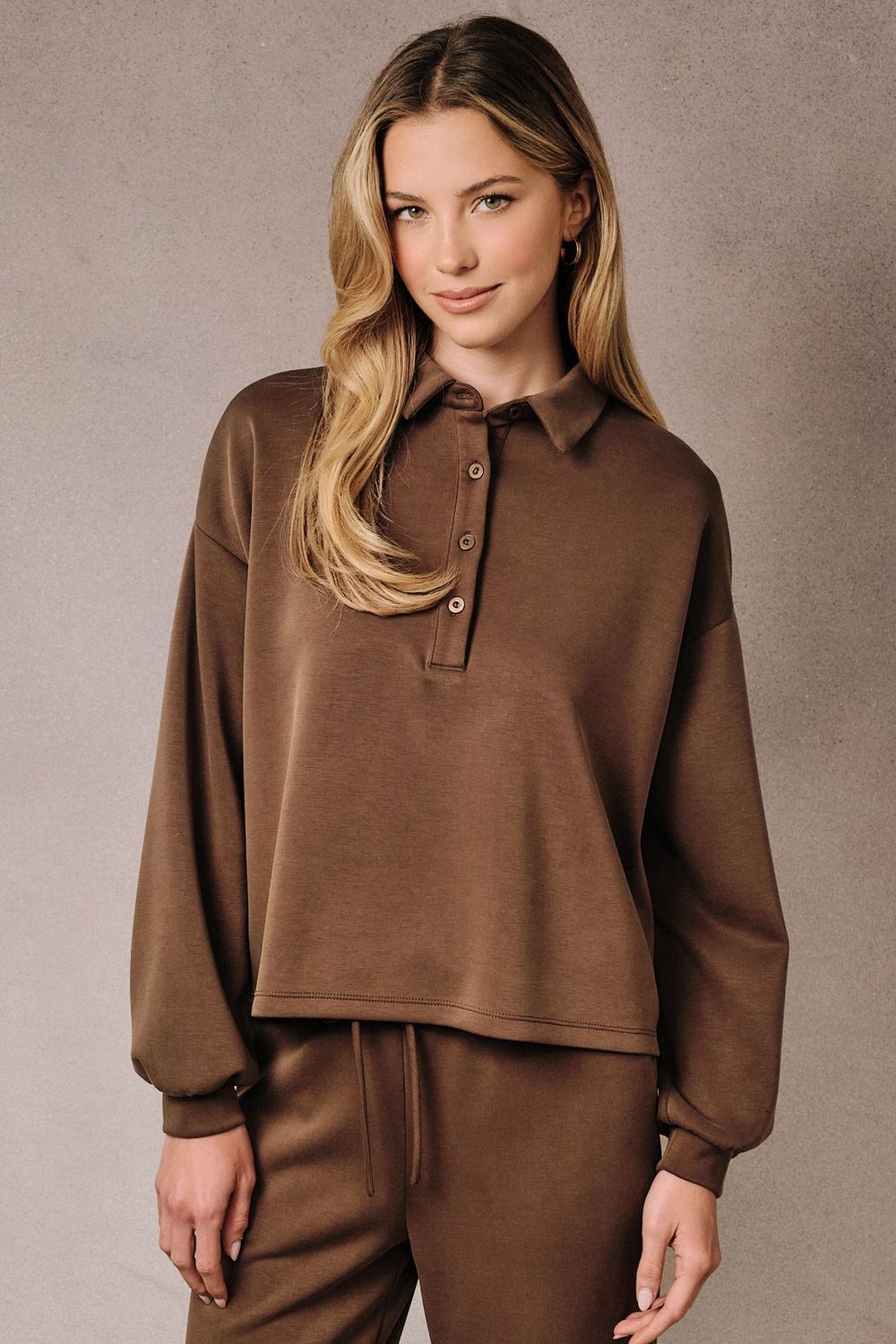 Sunday Love 1/4 Button Long Sleeve Top - Brown