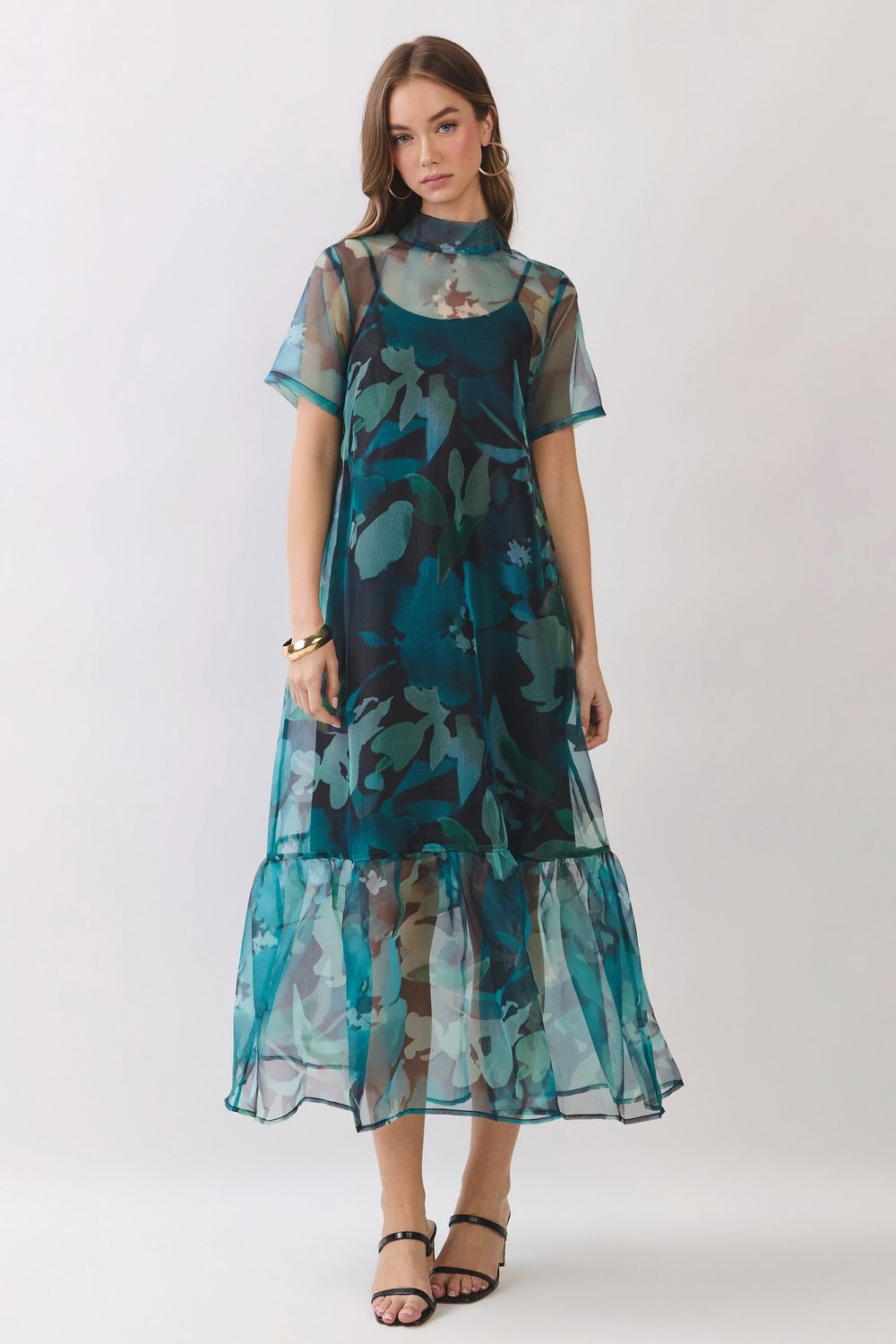 Uptown Chic Floral Overlay Midi Dress - Green