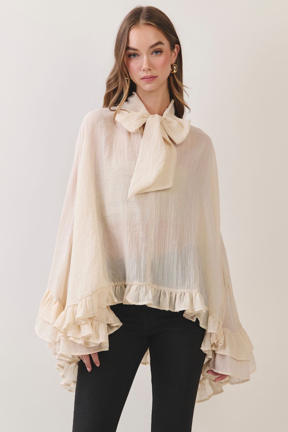 Be Social Long Sleeve Ruffle Top - Cream