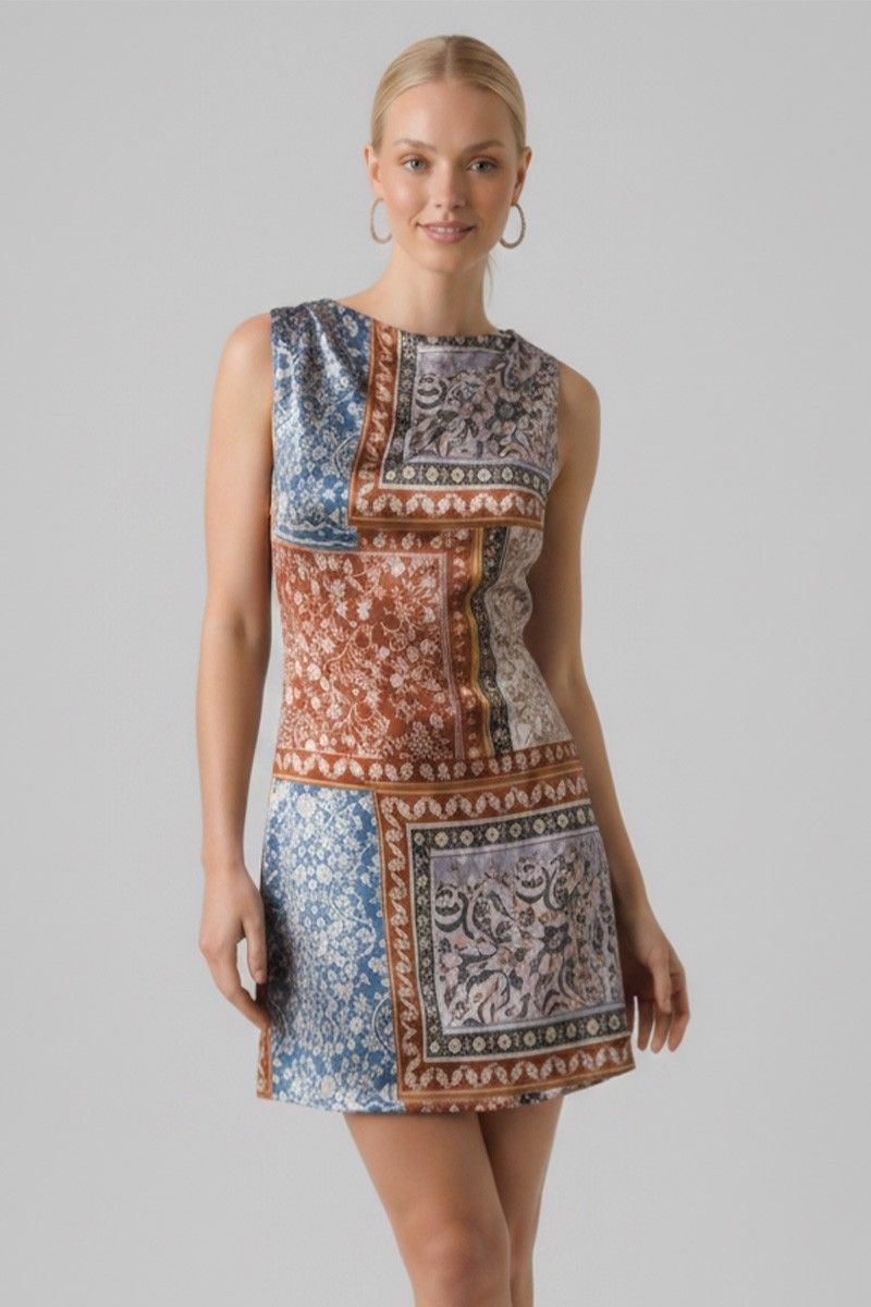 Patchwork Printed Satin Cowl Neck Sleeveless Mini Dress - Brown/Blue
