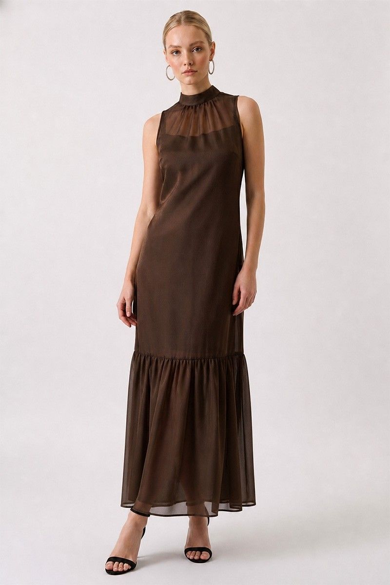 Soft Organza Mock Neck Sleeveless Maxi Dress - Brown
