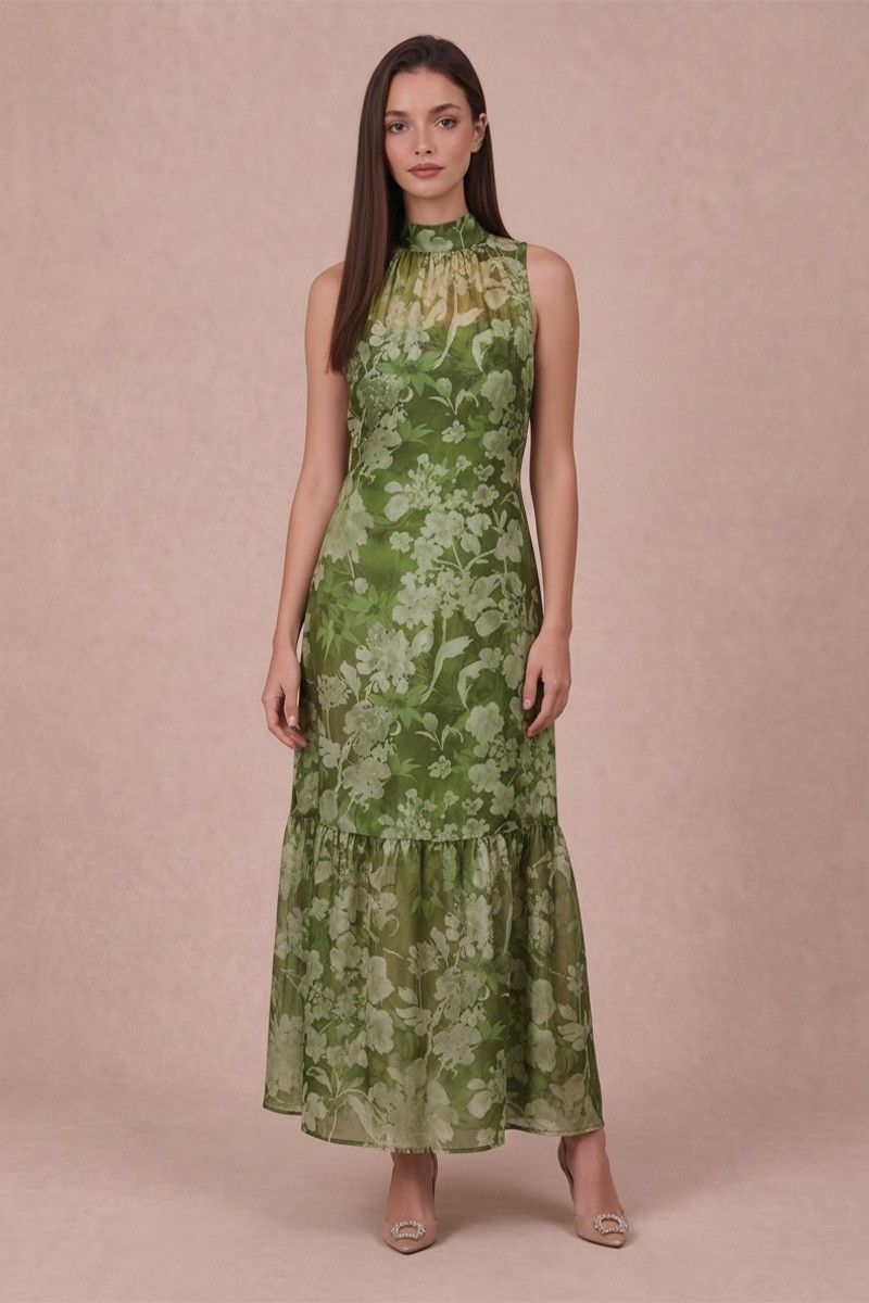Printed Soft Organza Mock Neck Sleeveless Maxi Dress - Green