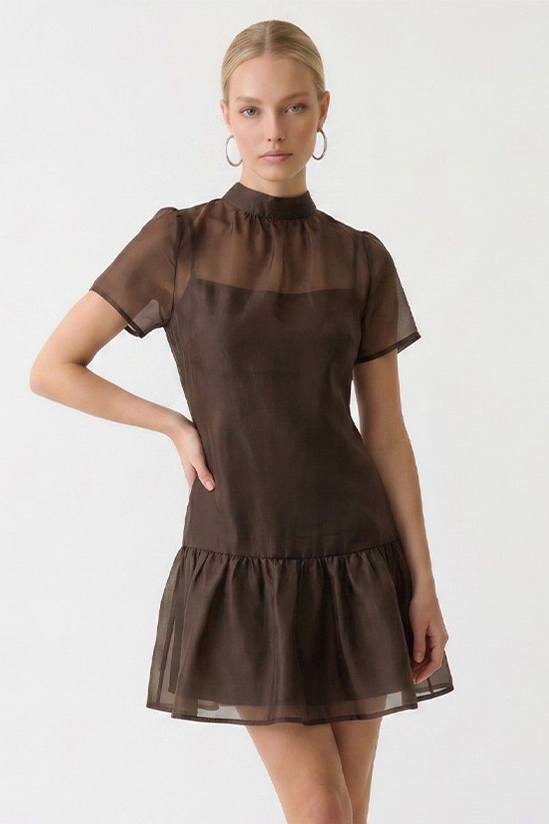 Center of Attention Short Sleeve Mock Neck Mini Dress - Dark Brown