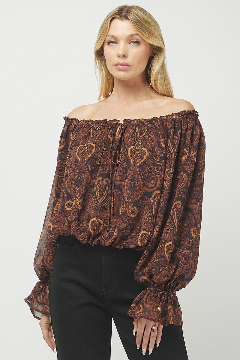 Apple Orchid Chiffon Off Shoulder Blouse - Brown Multi