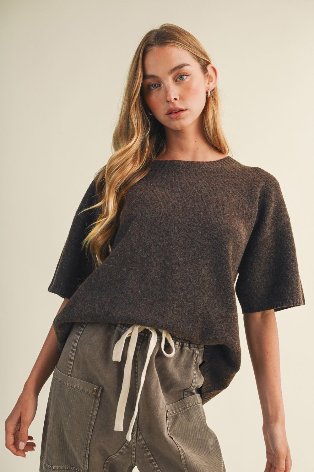 On The Fence Short Sleeve Knit Top - Rich Brown
