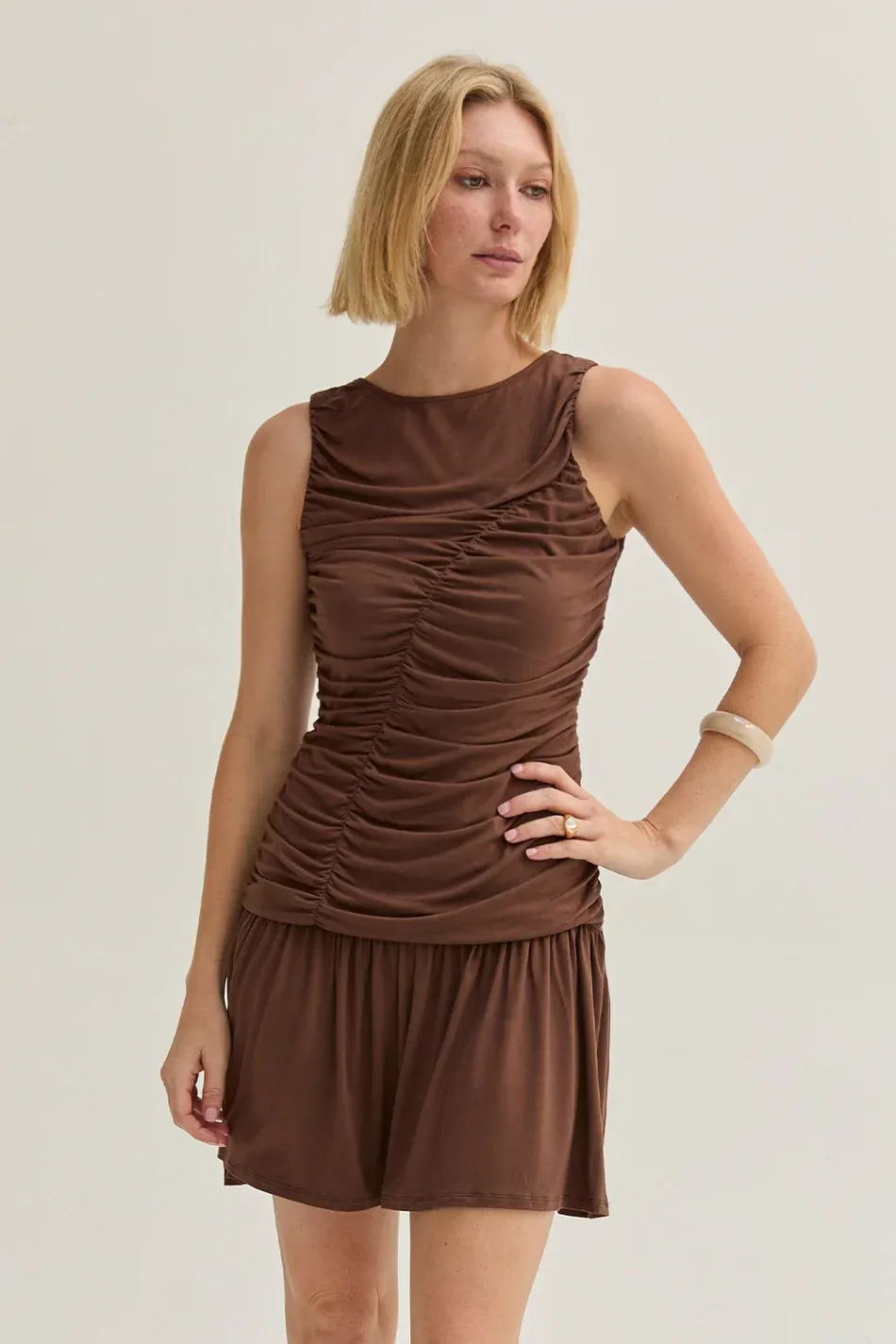 Alondra Ruched Mini Dress - Brown
