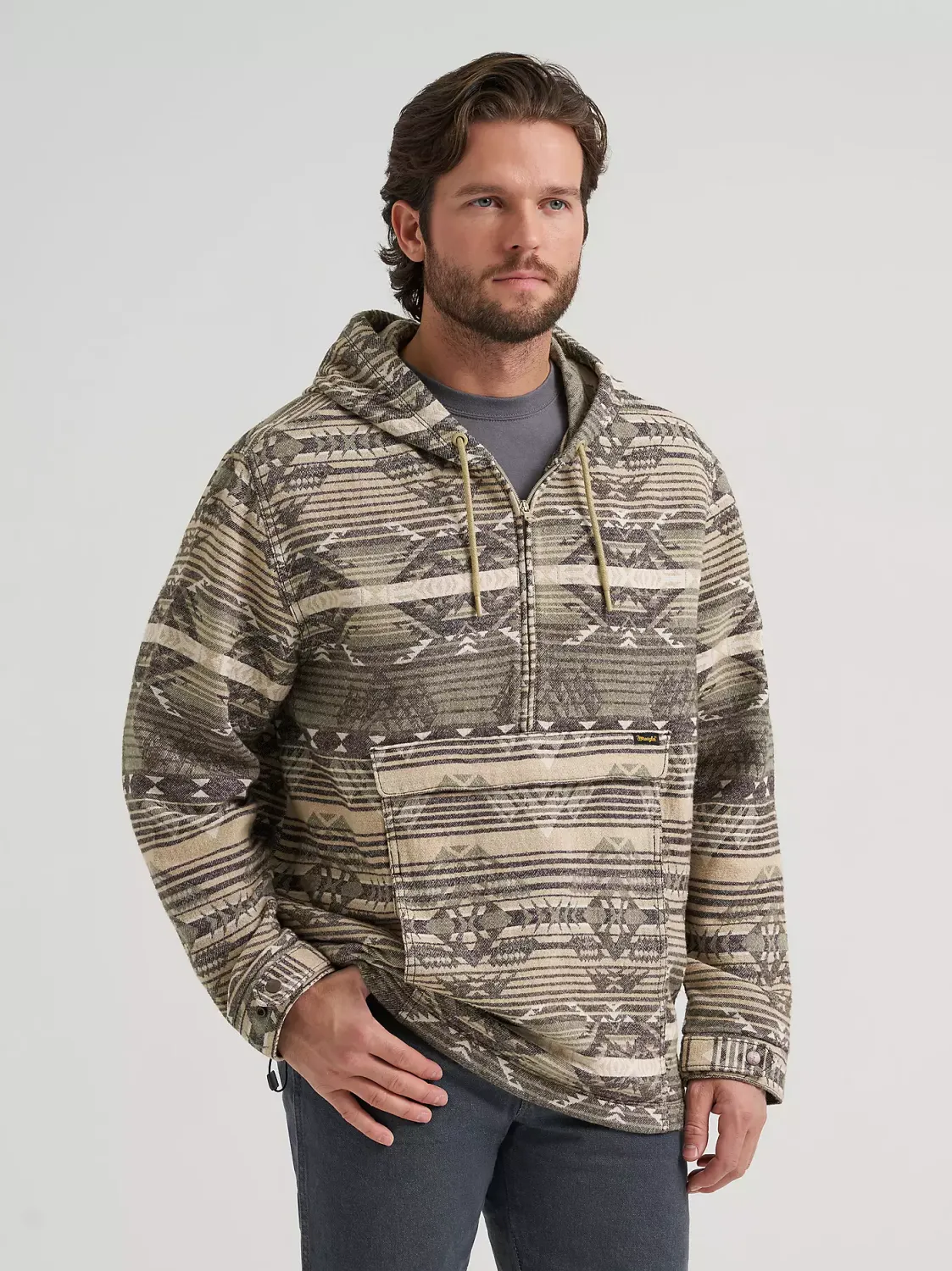 Men's Jacquard Quarter Zip Hooded Popover Jacket- Canyon Sand