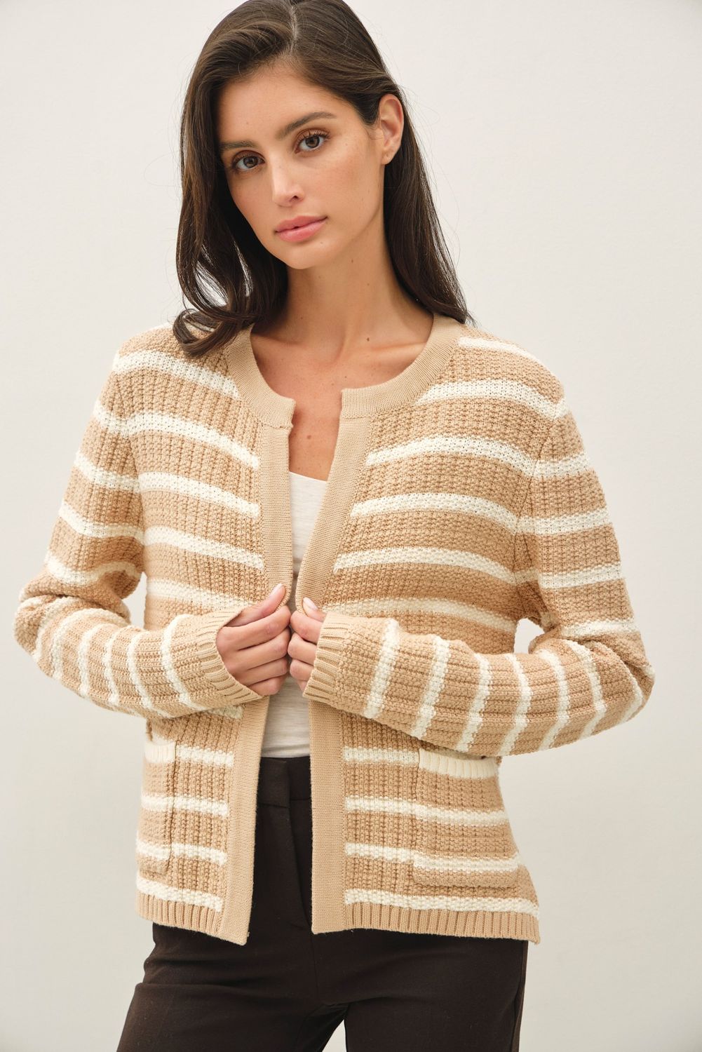 Ready To Go Chucky Knit Striped Cardigan - Sand
