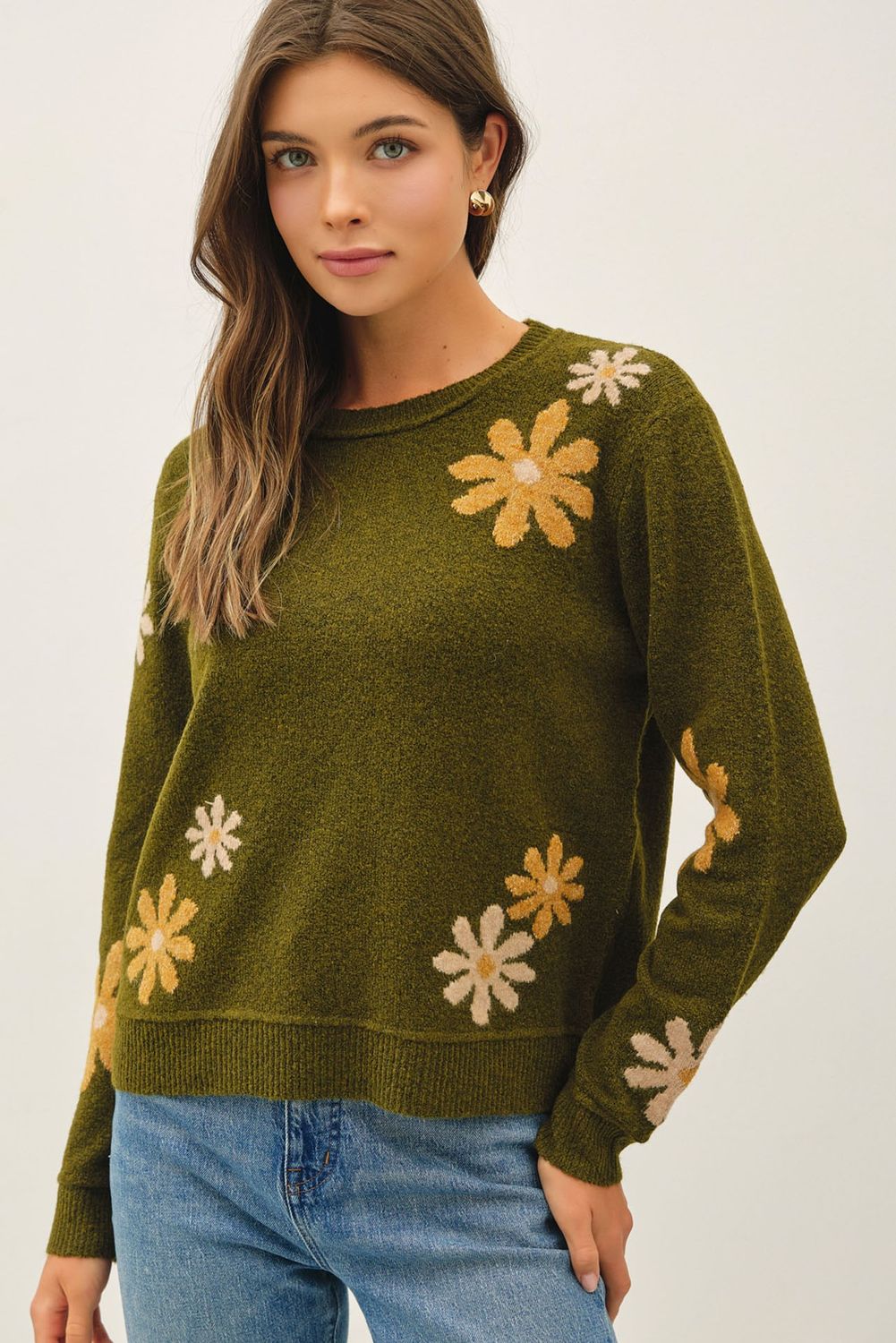 Sunday Sweater Floral Accent Crew Neck Sweater - Olive
