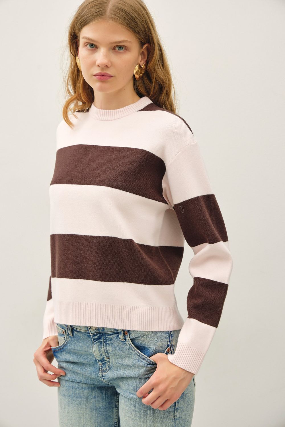 Warm &amp; Fuzzy Chunky Stripped Long Sleeve Sweater - Brown