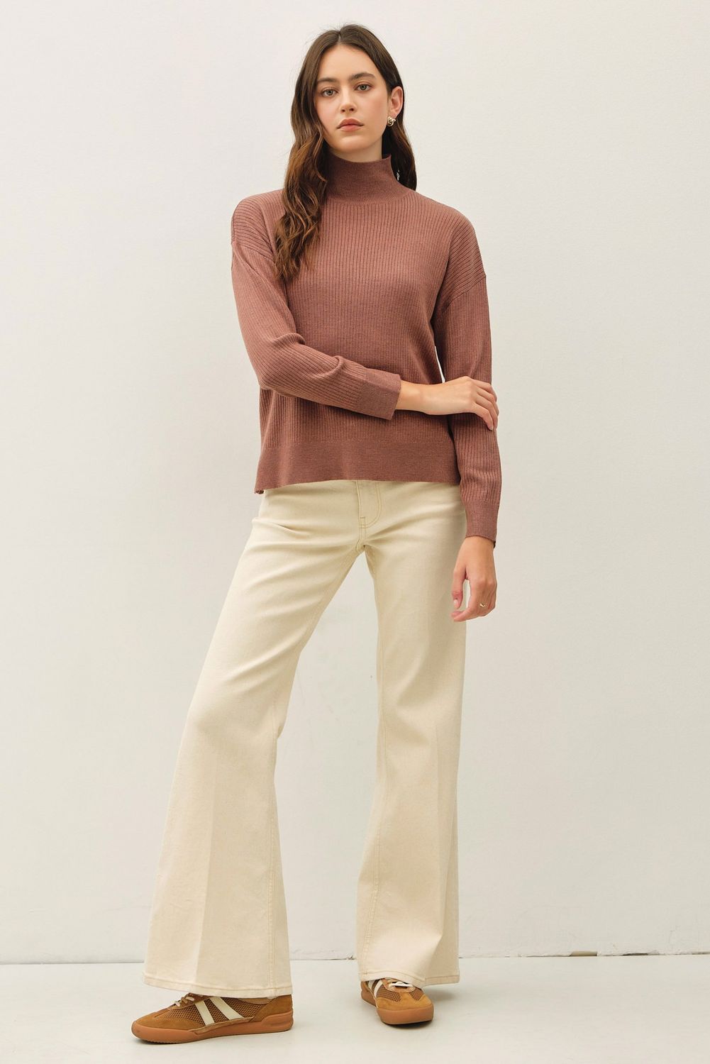 Casual Cozy Ribbed Turtle Neck Sweater - Red Bean