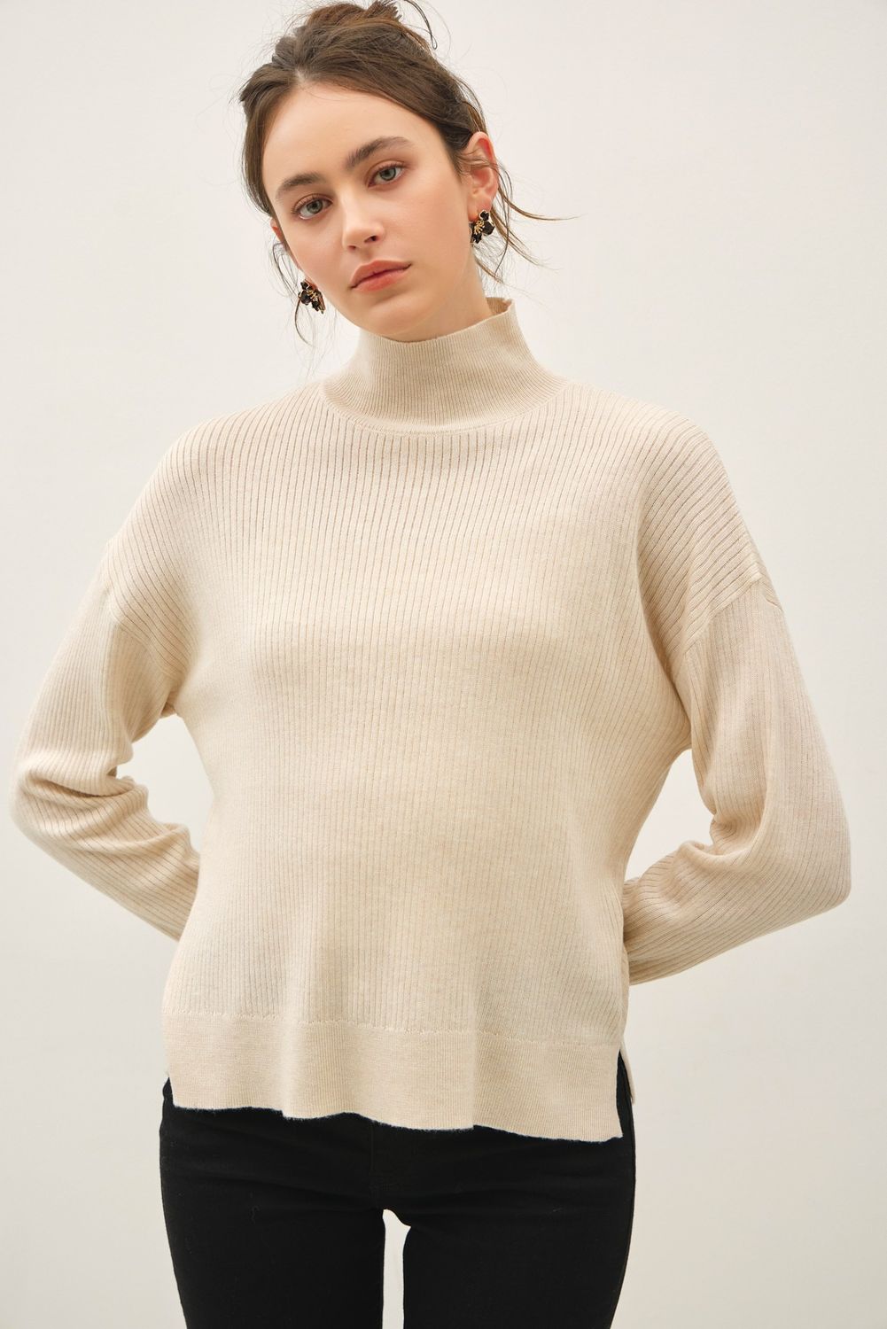 Casual Cozy Ribbed Turtle Neck Sweater - Natural