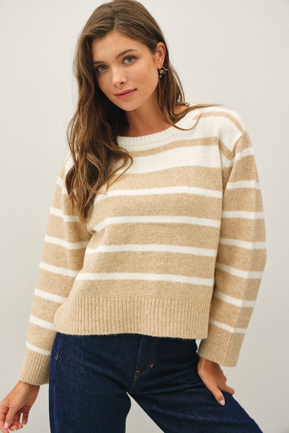 Throw it On Striped Knit Sweater - Taupe