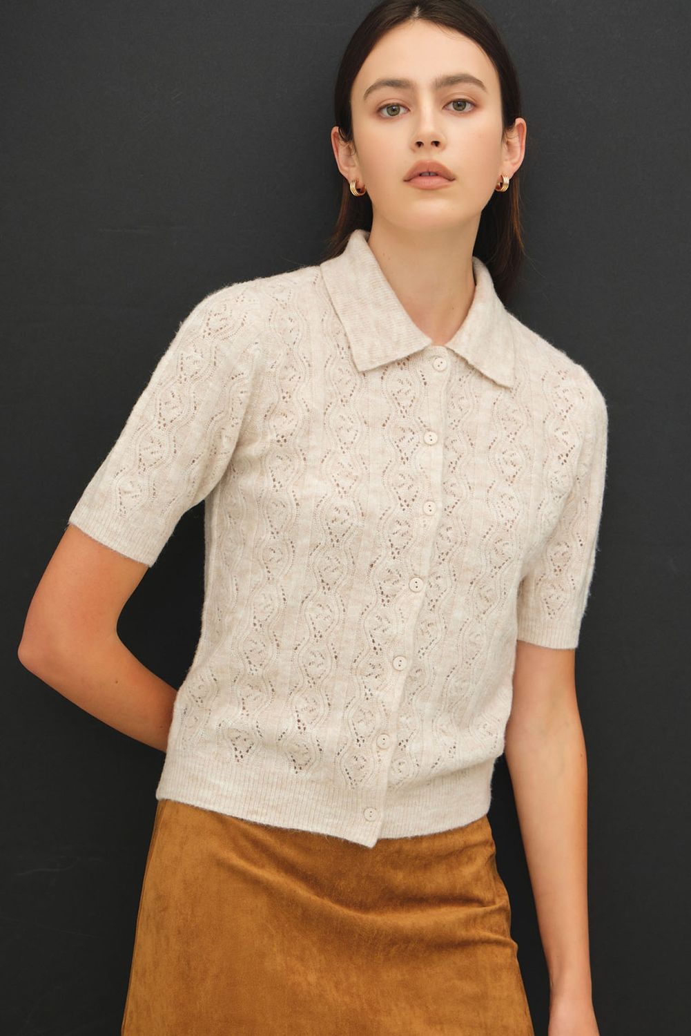 Easy Does It Pointelle Button Up Polo Sweater - Oatmeal