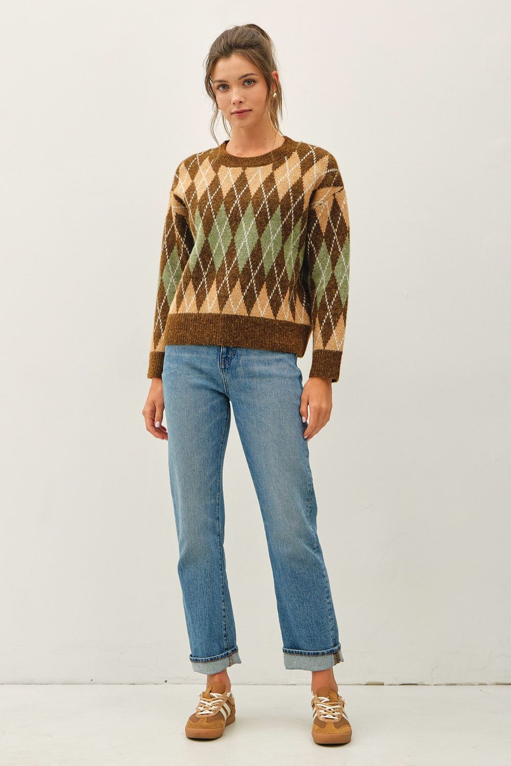 Day Trip Argyle Print Sweater - Brown