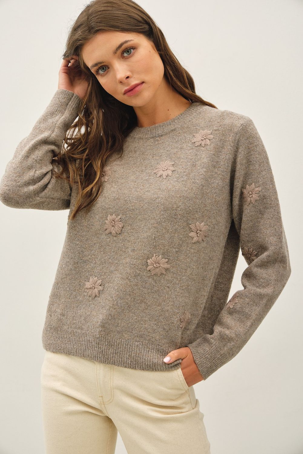 Hallie Floral Montone Sweater - Mocha
