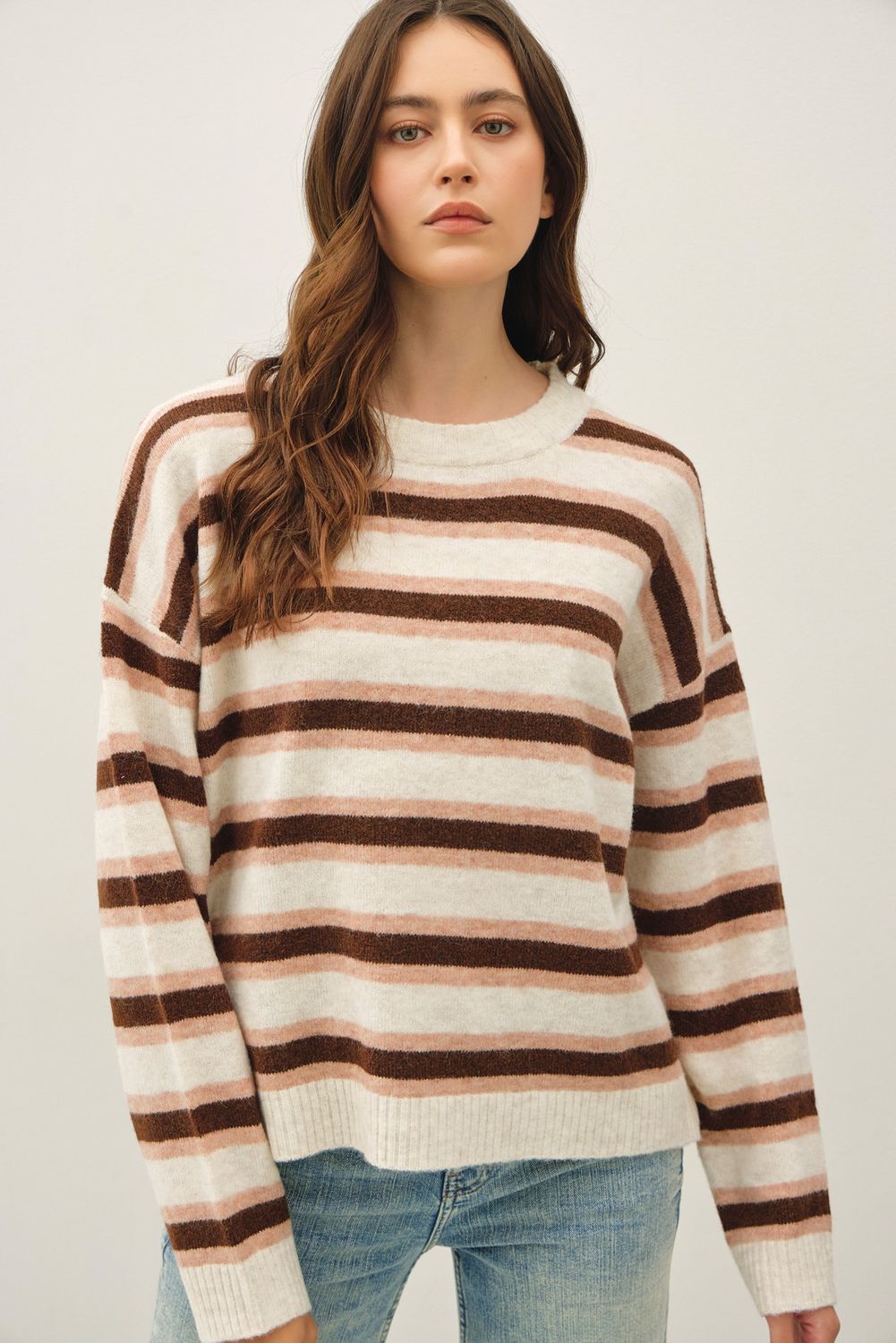Laid Back Cozy Striped Sweater - Oatmeal