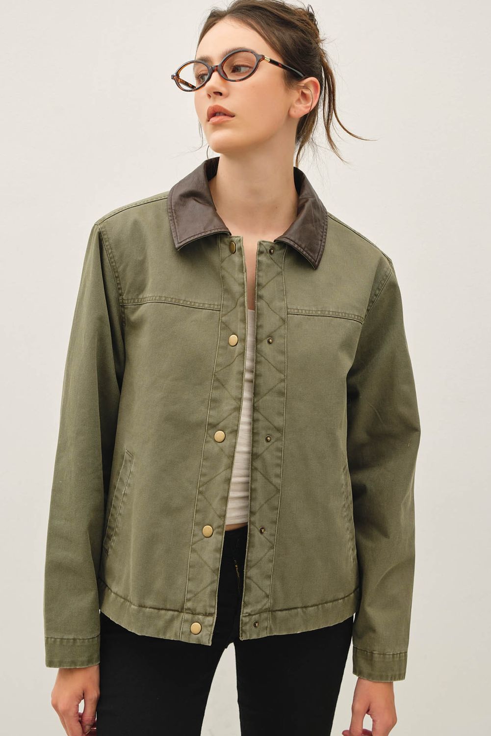 Autum Air Washed Leather Collar Barn Jacket - Olive