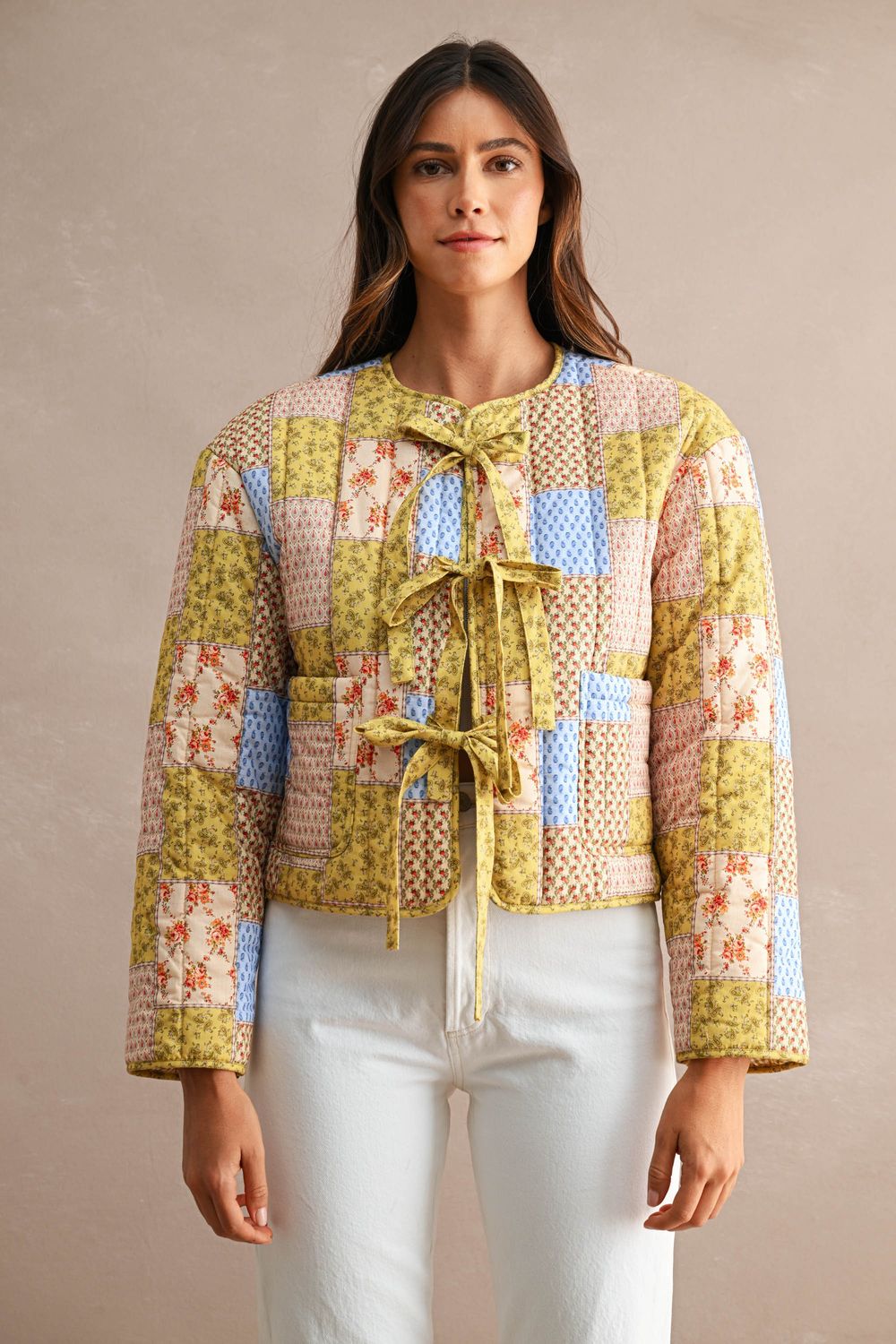 The Dolly Patchwork Quilted Tie Jacket - Green Multi