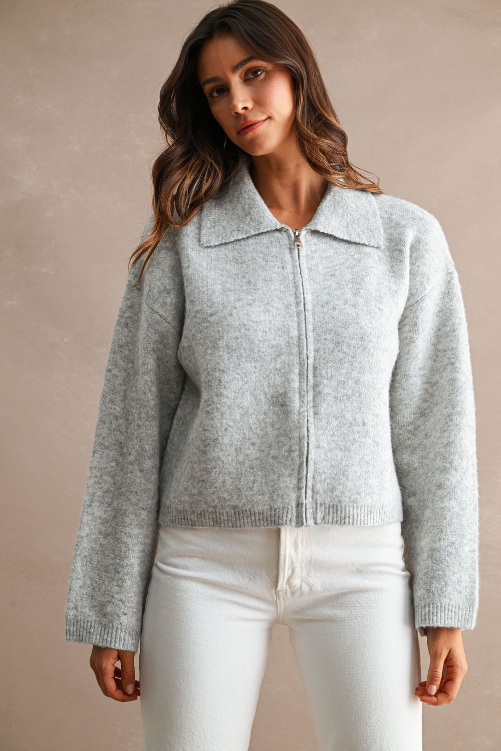 Cozy Style Zip Up Sweater - Light Heather Grey