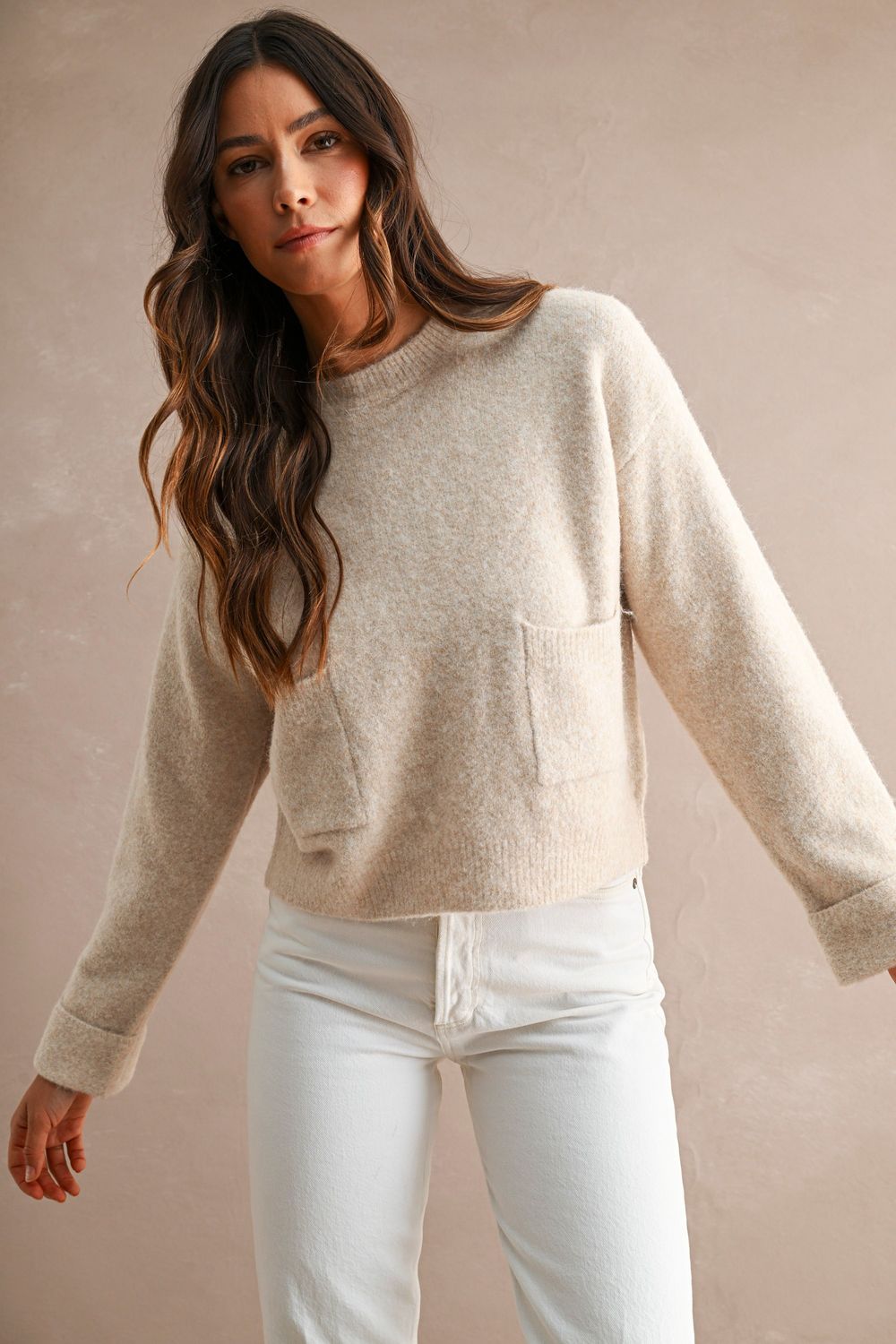 Modern Charm Front Pocket Sweater - Light Taupe