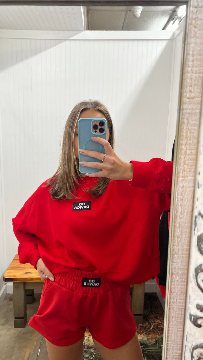 The Becca Boxy Crewneck Go Dawgs Woven Label - Bright Red