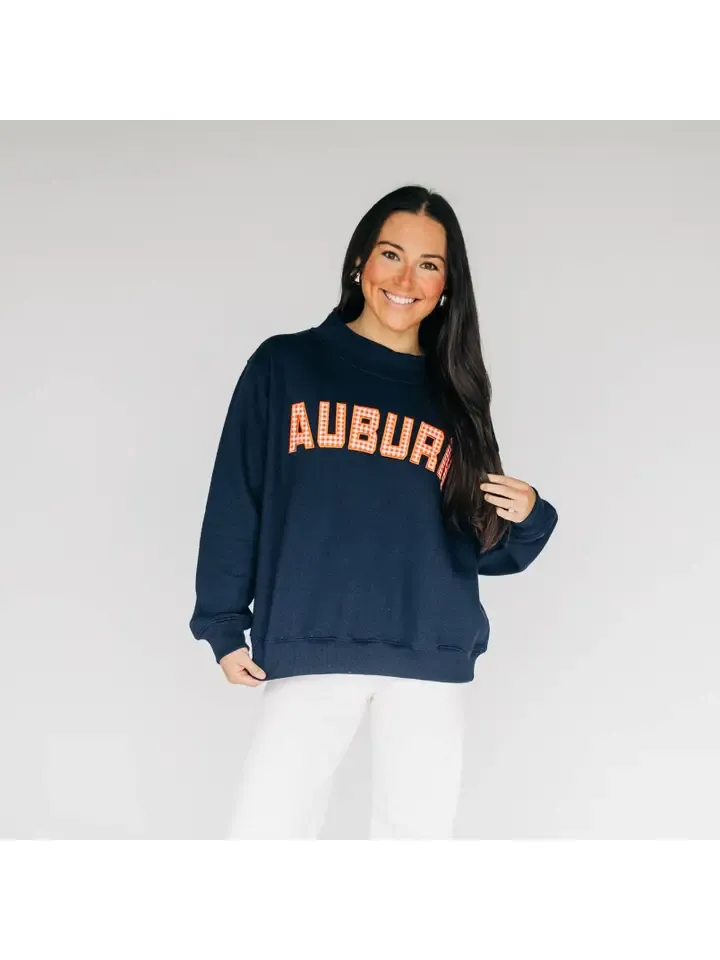 The Mallory Mockneck Pullover - Auburn Gingham - Navy