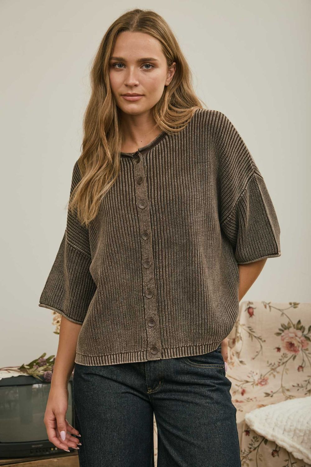 Favorite Weather Short Sleeve Cardigan - Dark Brown