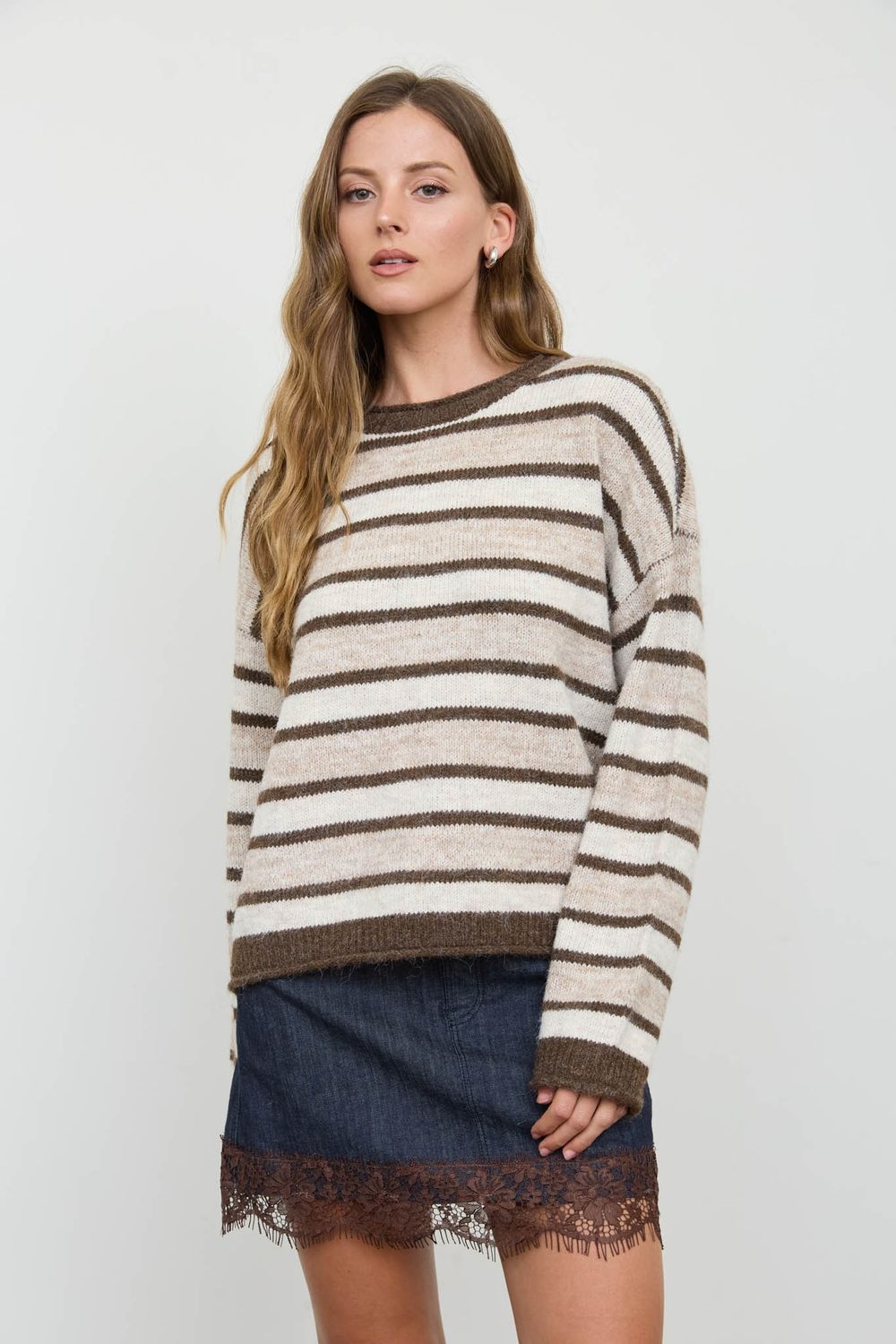 Here For You Striped Raw Edge Sweater - Brown