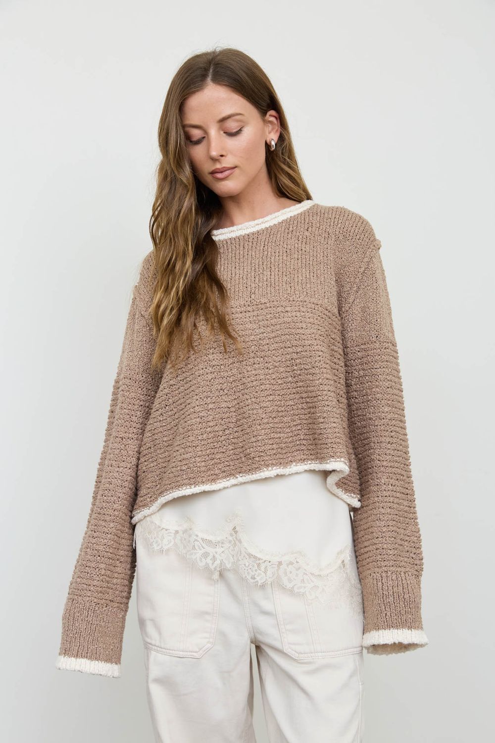 Time Stops Contrast Trim Sweater - Khaki