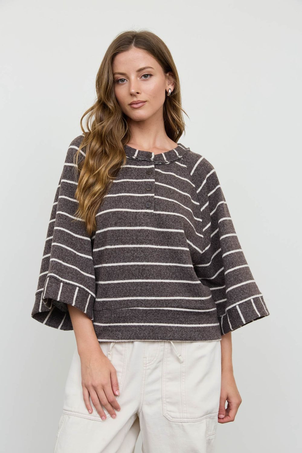 Fall Mode Striped Long Sleeve Henley Top - Dark Brown