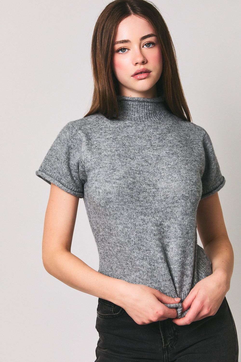 Classic Soft Knit Short Sleeve Cropped Top - Heather Grey