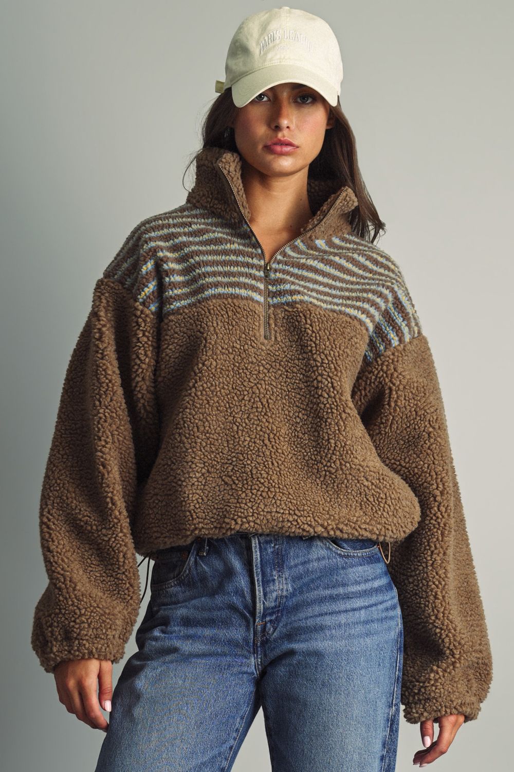 Take The Slopes 1/4 Zip Sherpa Pullover - Brown/ Blue