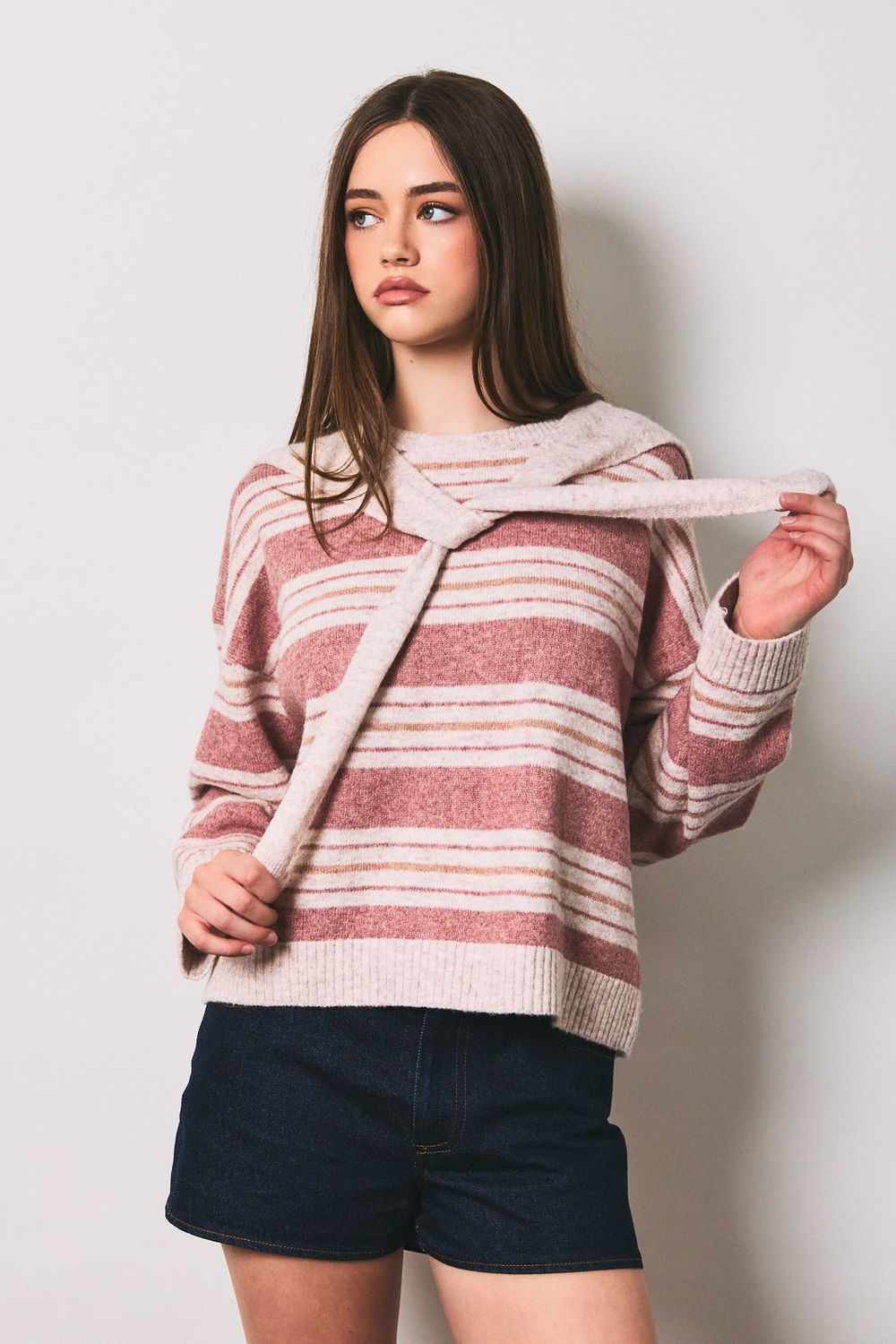 Going Far Scarf Detail Sweater - Beige/ Mauve Stripe