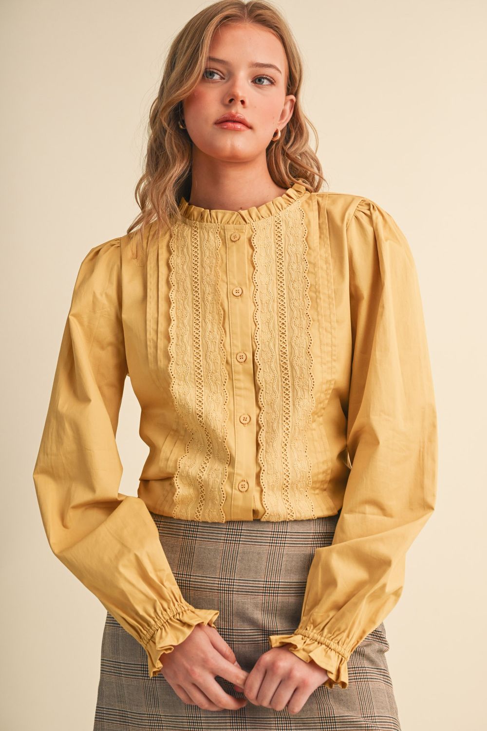 In My Head Eyelet Detail Long Sleeve Top - Honey Gold