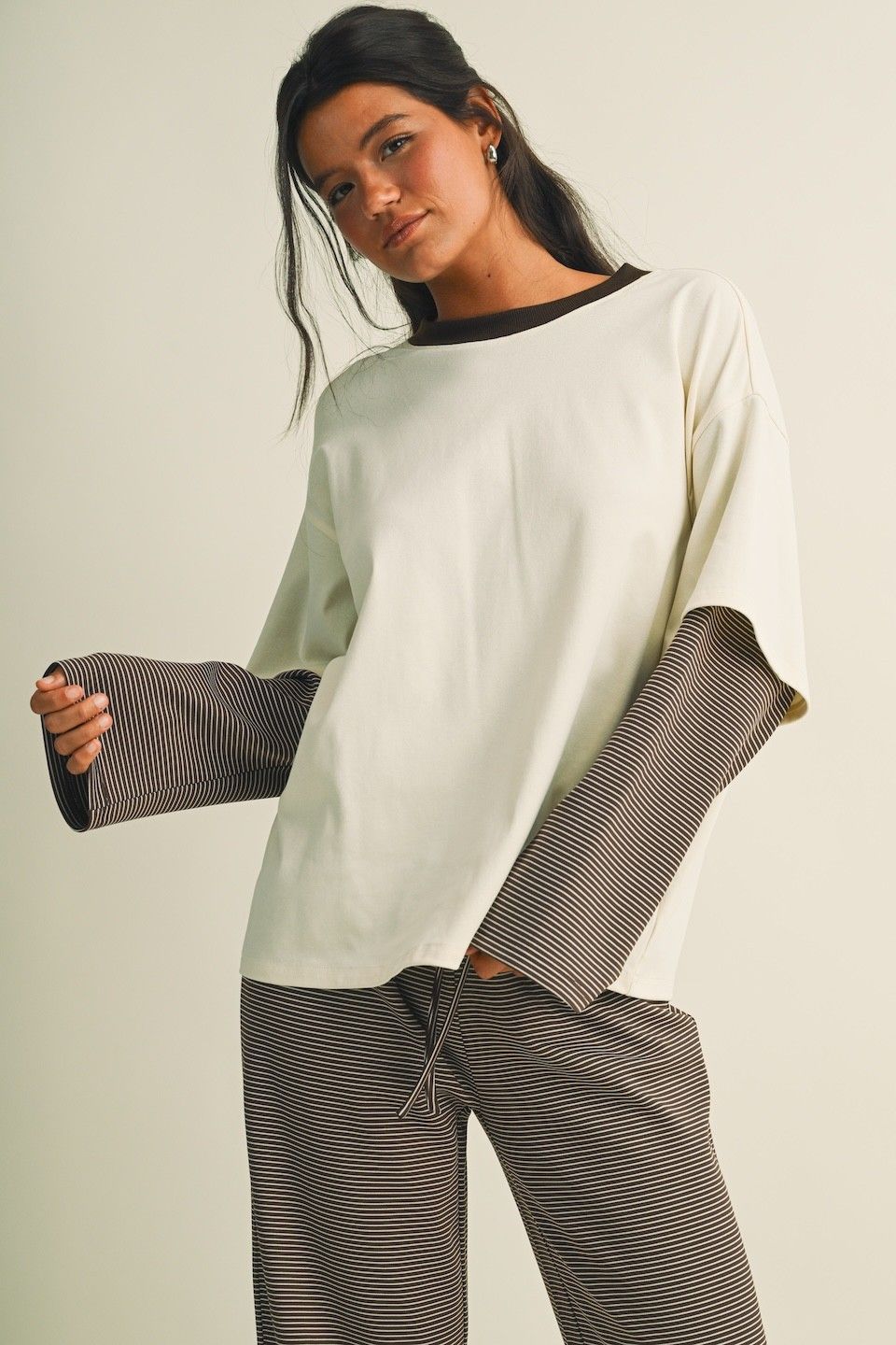 Here To Talk Oversized Double Layered Top - Cream Chocolate