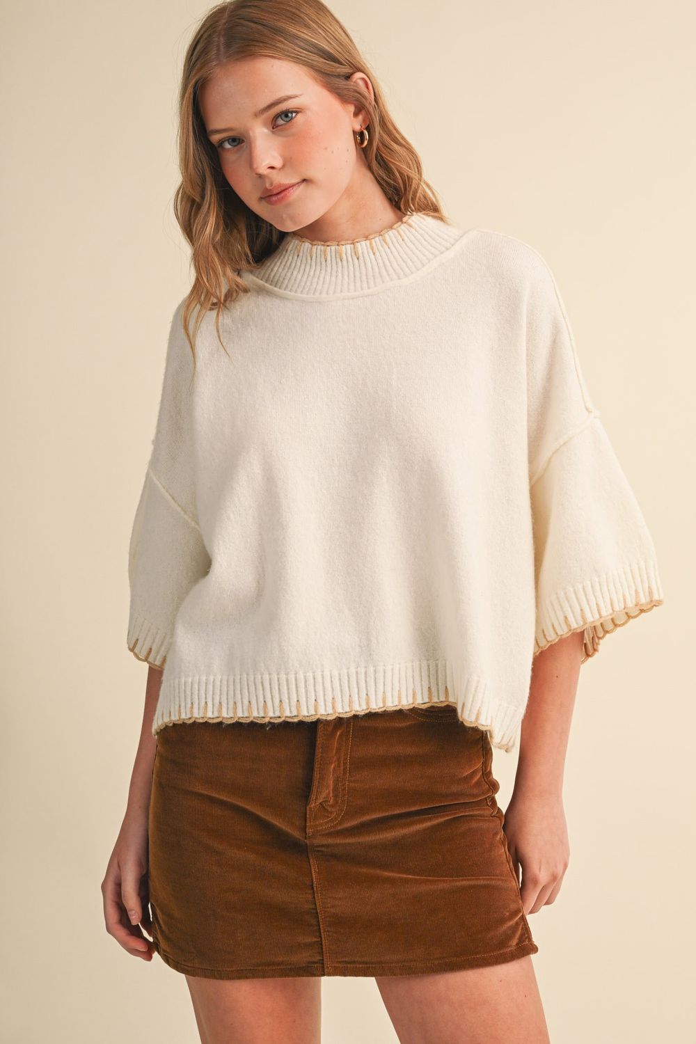 Ultra Air Soft Short Sleeve Sweater - White Beige