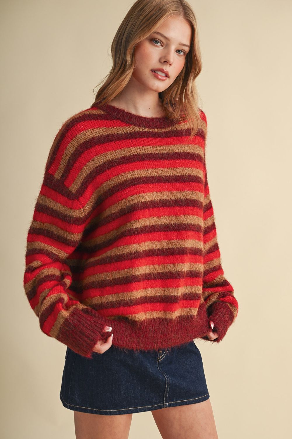 Feeling Fall Striped Sweater - Red Multi Stripe