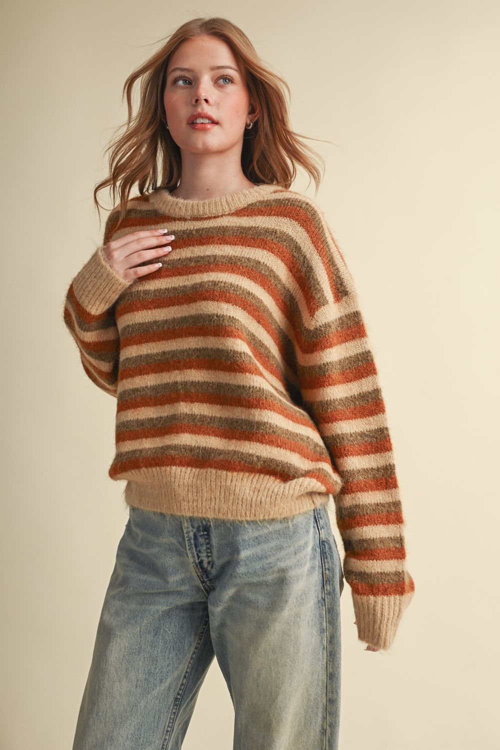 Feeling Fall Striped Sweater - Tan Multi Stripe