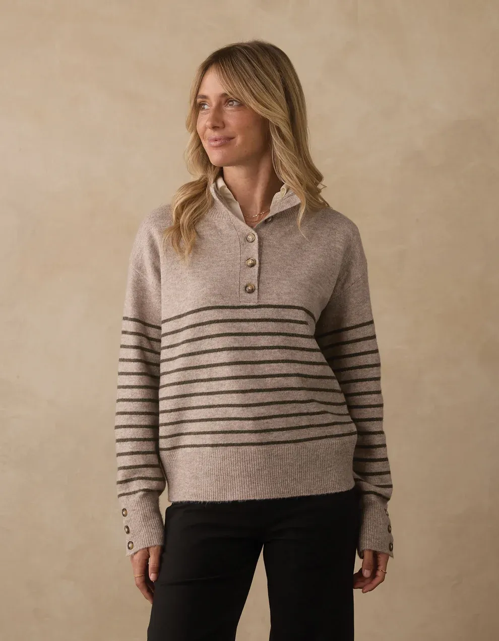 Marianna Button Popover Sweater - Oat/Olive Stripe
