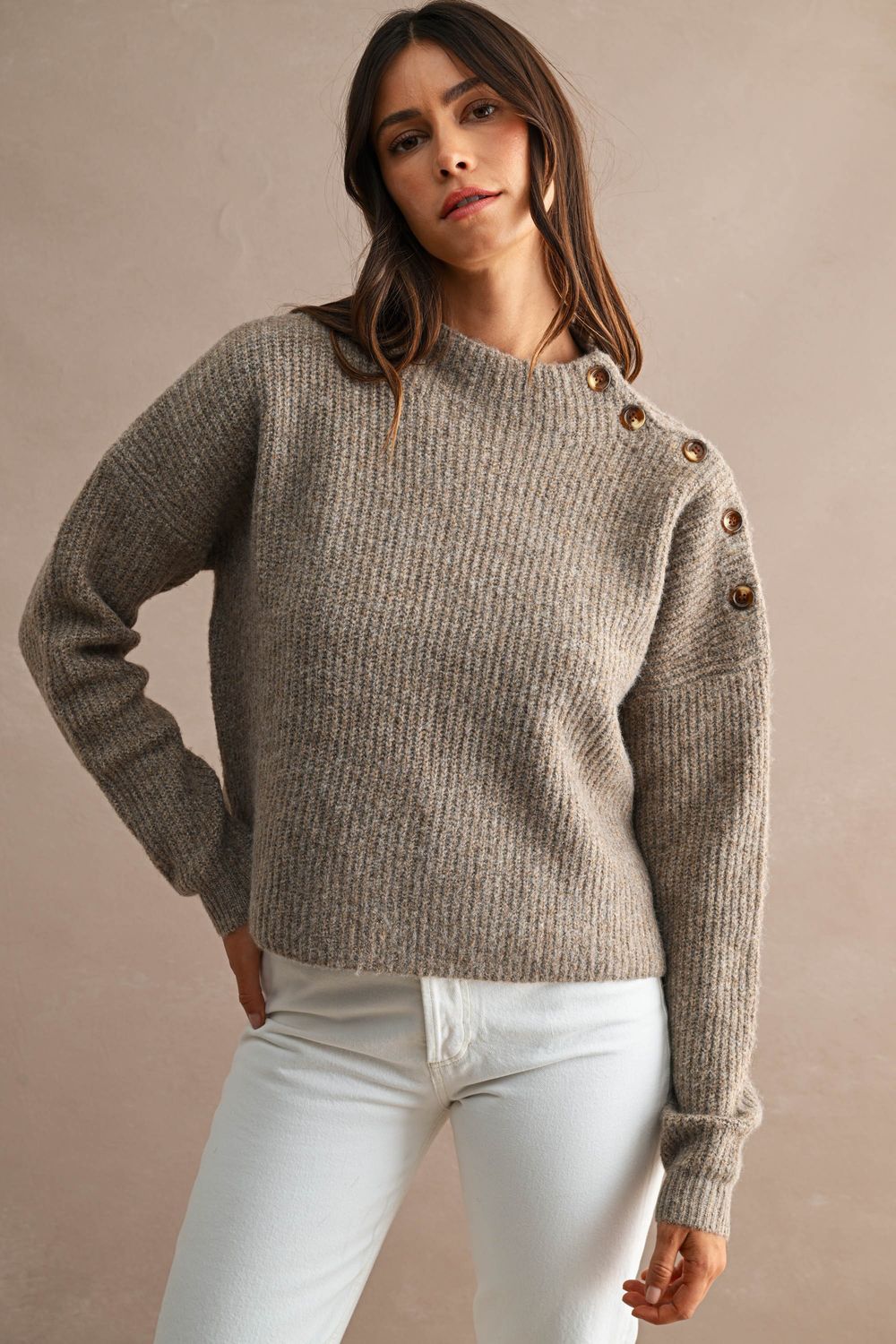 Side Shoulder Botton Ribbed Sweater - Mocha