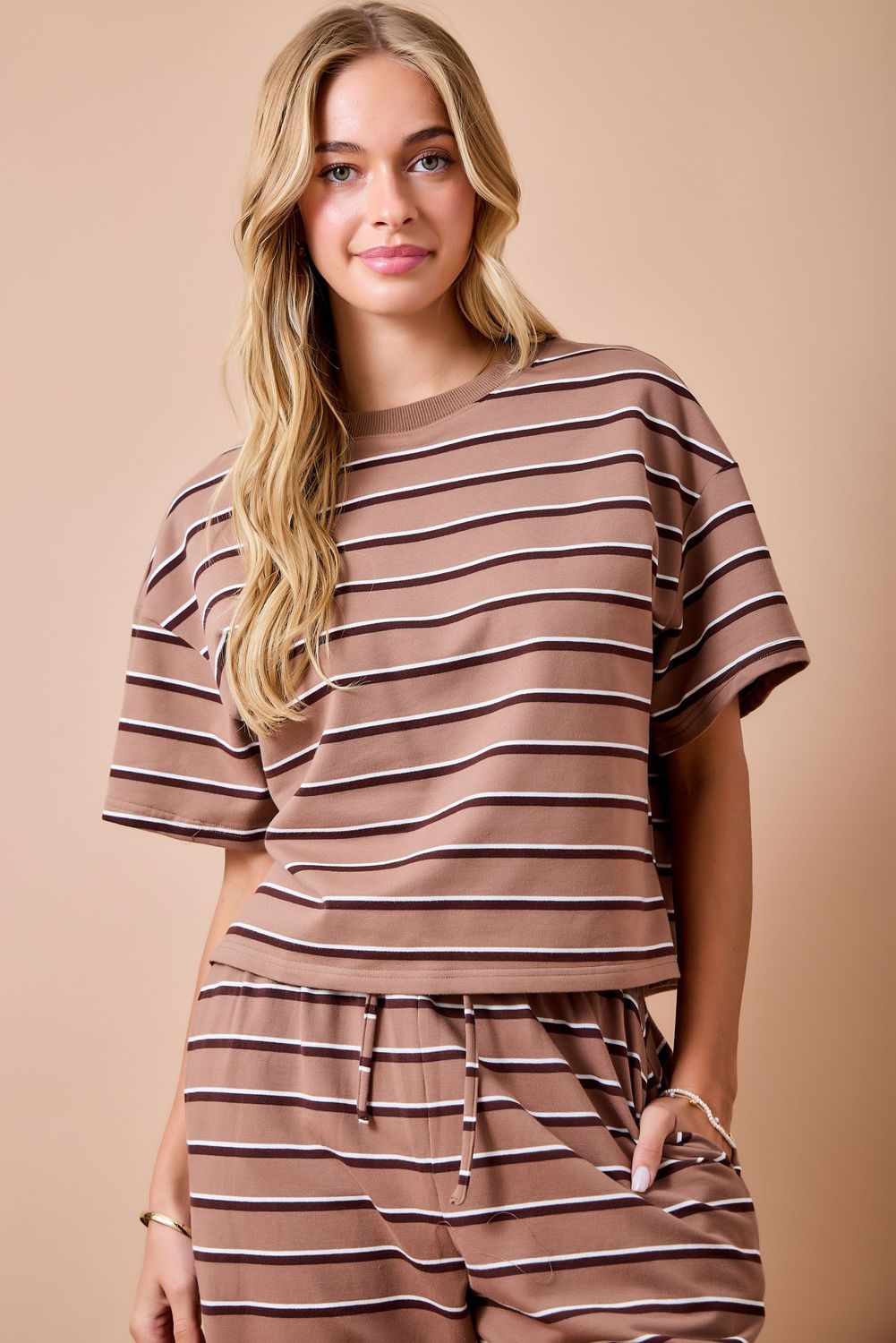 Striped Boxy Drop Shoulder Lounge Sweatshirt Top - Tan/Brown/Ivory