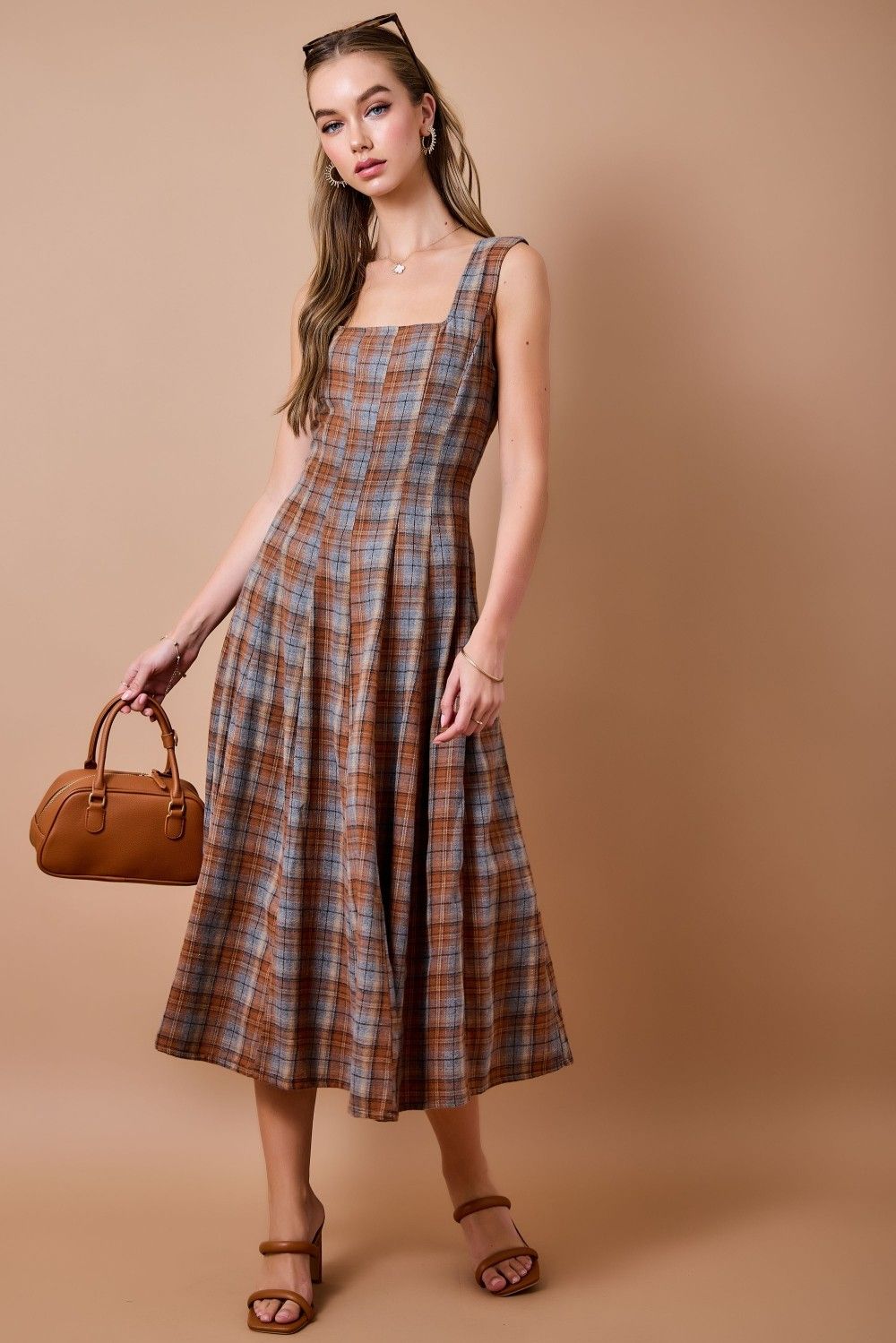 Everyday Edit Multi Paneled Plaid Midi Maxi Dress - Blue/Brown