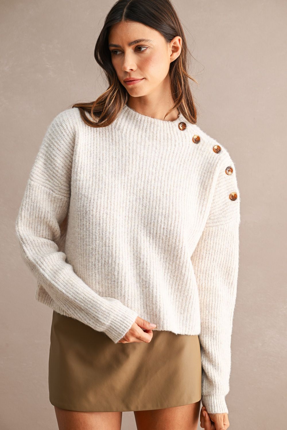 Side Shoulder Botton Ribbed Sweater - Blush