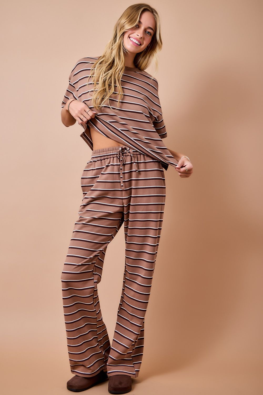 Striped Wide Leg Lounge Pants With Drawstring Waist - Tan/Brown/Ivory