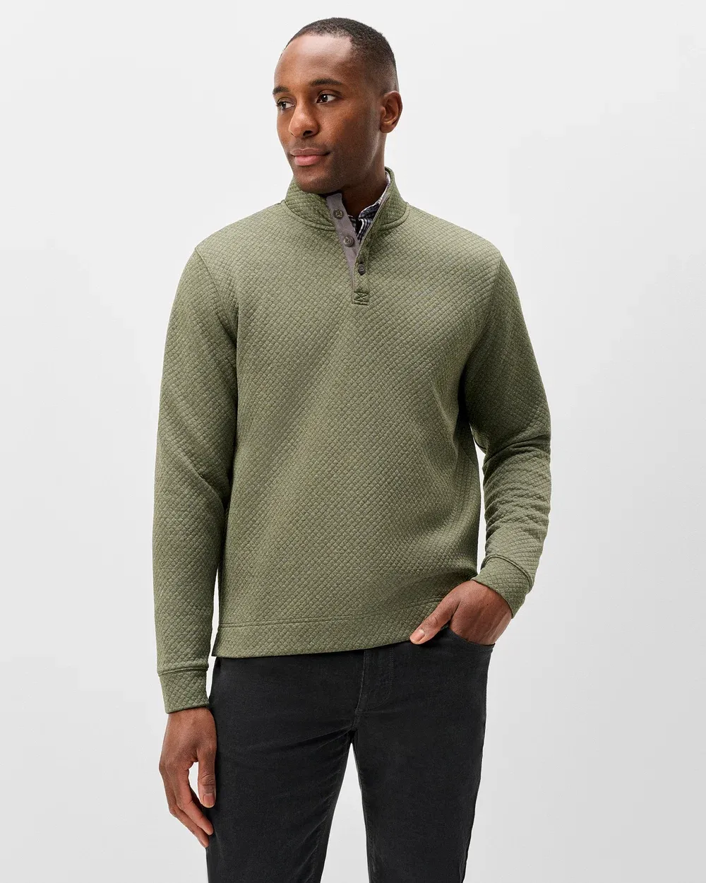 Rockwell Diamond-Quilted Henley Pullover - Forest