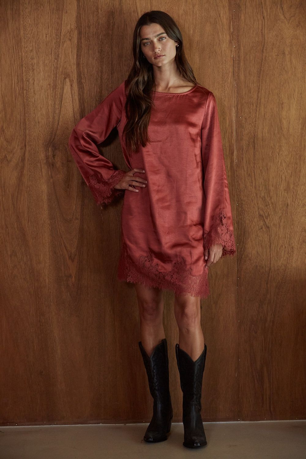 Annecy Lace Long Sleeve Mini Dress - Ruby Red
