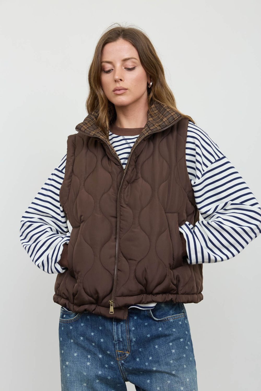 Plaid Collar Quilted Vest - Dark Brown