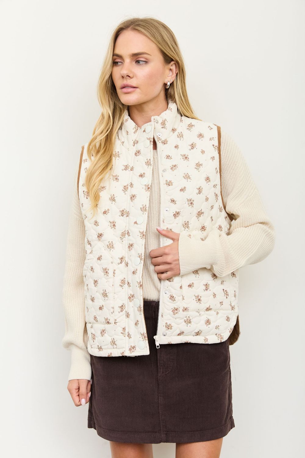 Floral Quilted Mock Neck Vest - Cream Multi